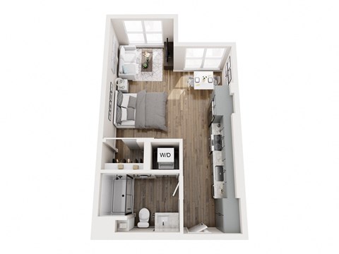 A top-down view of a small apartment with a bedroom, living room, and bathroom.